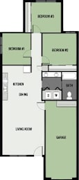 A floor plan of a house with three bedrooms, a garage, a living room, a dining area, a kitchen, and a bathroom.