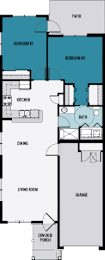 A floor plan of a house with two bedrooms, a living room, a kitchen, a bath, a dining area, a garage, and a covered porch.