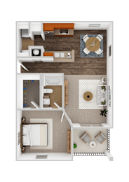 A top-down view of a small apartment with a bedroom, living room, and kitchen.
