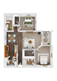 A 3D rendered image of a house layout.