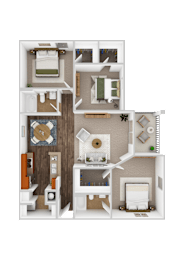 A 3D floor plan of a house with a living room, kitchen, and two bedrooms.