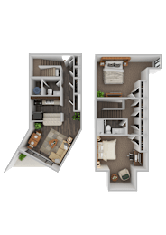 A 3D floor plan of a two-bedroom apartment.