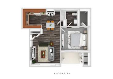 A floor plan of a small apartment with a kitchen, living room, and bathroom.