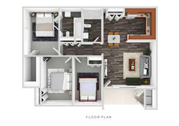 A floor plan of a small apartment with a kitchen, living room, and bathroom.