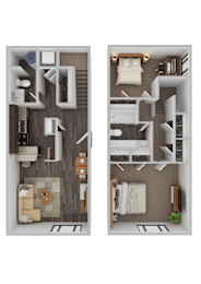 Two floor plans of a house with a kitchen, living room, and bedrooms.