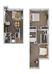 Two floor plans of a house with a kitchen, living room, and bedrooms.