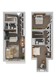 A floor plan of a two-bedroom apartment with a living room, kitchen, and bathroom.