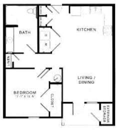 A floor plan of a small apartment with a living room, dining room, kitchen, and bathroom.