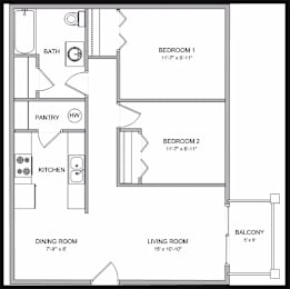 A black and white image of a floor plan for a small apartment.