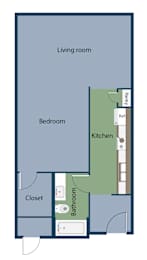A floor plan of a small apartment with a living room, bedroom, kitchen, bathroom, and closet.