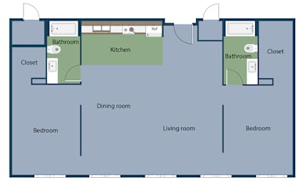 A floor plan of a house with two bathrooms, a kitchen, a dining room, a living room, and four bedrooms.