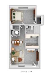 A floor plan of a small apartment with a kitchen, living room, and bathroom.