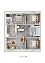 A floor plan of a small apartment with two bedrooms, a living room, a kitchen, and a bathroom.