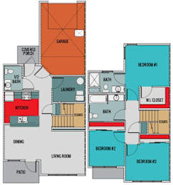 A floor plan of a house with a living room, dining room, kitchen, and three bedrooms.