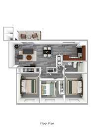 A floor plan of a house with a kitchen, living room, dining room, and two bedrooms.