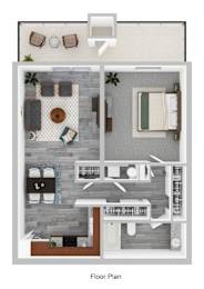 A floor plan of a house with a living room, dining room, kitchen, and two bedrooms.