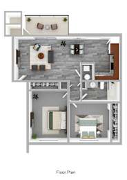 A floor plan of a house with a living room, kitchen, and bathroom.