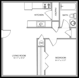 A drawing of a house layout with a living room, kitchen, pantry, bath, and bedroom.