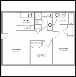 A floor plan of a small apartment with a living room, kitchen, two bedrooms, and two bathrooms.
