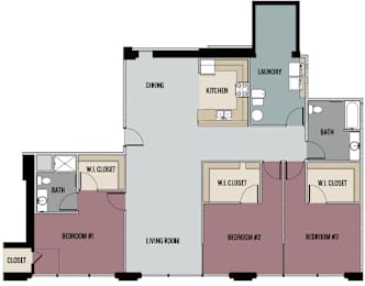 A floor plan of a house with three bedrooms, a living room, a dining room, a kitchen, a laundry room, and a bathroom.