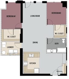 A floor plan of a two bedroom apartment with a living room, dining room, kitchen, and laundry room.