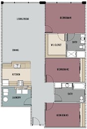 A floor plan of a house with three bedrooms, a laundry room, and a dining area.