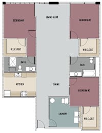 A floor plan of an apartment with three bedrooms, a kitchen, a dining area, a laundry room, and two bathrooms.