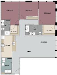 A floor plan of a house with three bedrooms, a living room, a dining room, a kitchen, a laundry room, and two bathrooms.