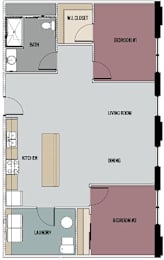 A floor plan of a small apartment with two bedrooms, a living room, a dining area, a kitchen, and a bathroom.