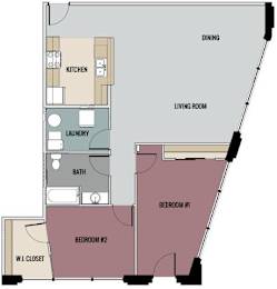 A floor plan of a living space showing a kitchen, dining area, living room, two bedrooms, a bathroom, and a laundry room.