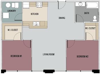 A floor plan of a two bedroom apartment with a living room, dining room, kitchen, and bathroom.