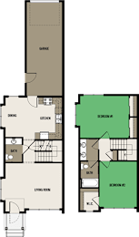 A floor plan of a two bedroom apartment with a living room, dining room, kitchen, and bathroom.