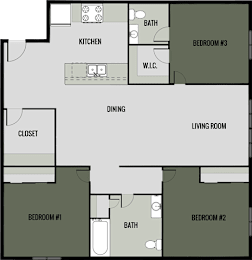 A floor plan of a house with a kitchen, dining area, and three bedrooms.