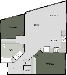 A floor plan of a small apartment with two bedrooms, a bathroom, a kitchen, a dining area, and a living room.