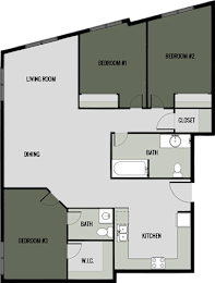 A floor plan of a house with three bedrooms, a living room, a dining area, a kitchen, a bathroom, and a closet.