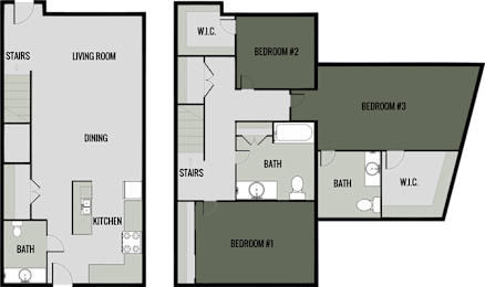 A diagram of a house layout with three bedrooms.