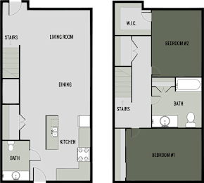 A floor plan of a home with two bedrooms, a living room, a dining area, a kitchen, and two bathrooms.