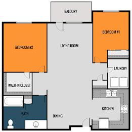 A floor plan of a house with two bedrooms, a living room, a kitchen, a bath, a walk-in closet, and a balcony.