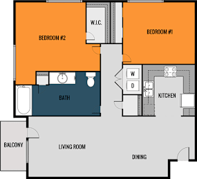 A diagram of a house layout with two bedrooms, a living room, a kitchen, a bathroom, and a balcony.