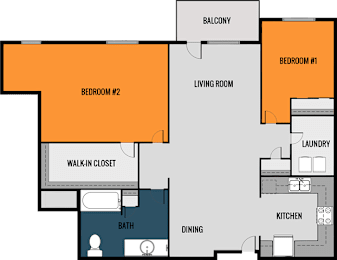 A floor plan of a house with two bedrooms, a living room, a dining area, a kitchen, a bathroom, a laundry room, and a balcony.