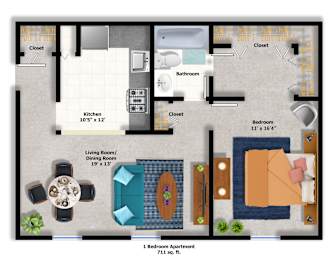 A floor plan of a one bedroom apartment.