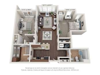 a 3d floor plan with a bedroom and a living room