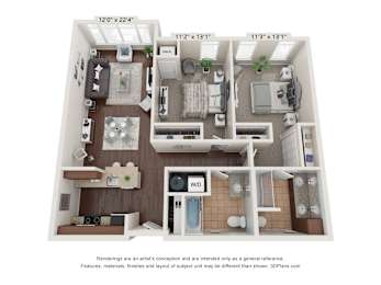 a 3d floor plan with a bedroom and a bathroom