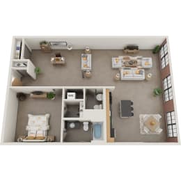 a one bedroom 1.5 bath floor plan with a living room and a dining room