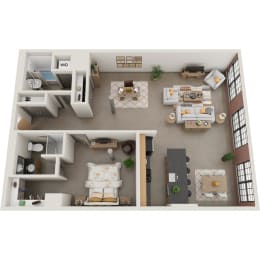 a one bedroom 1.5 bath floor plan with a living room and a dining room