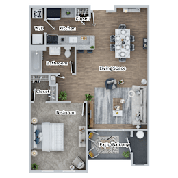 A floor plan of a home showing a living space, kitchen, bathroom, bedroom, and closet.
