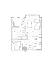 A floor plan of a house with multiple rooms and a garage.