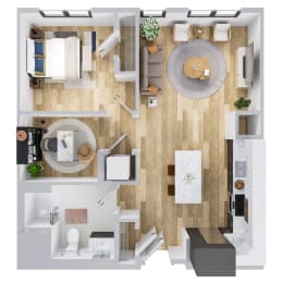 Duo one bedroom with den apartment floor plan with large closet, energy efficient appliances, and vinyl flooring.