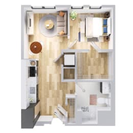 Duo one bedroom apartment floor plan with large closet, energy efficient appliances, and vinyl flooring.