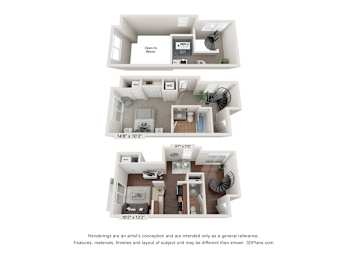 A 3D floor plan of a small apartment with a kitchen, living room, and bedroom.